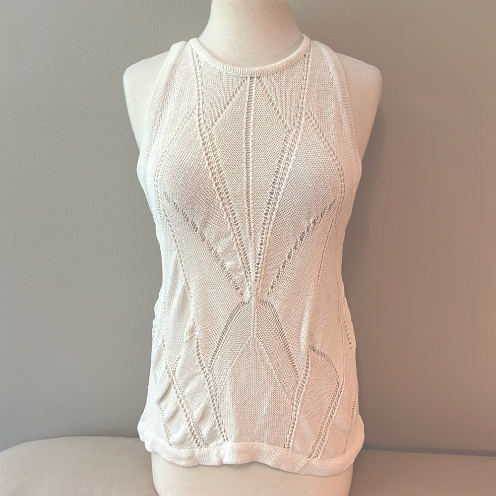Helmut Lang Linen White High Neck Sheer Knit Tank Top Shirt Womens M